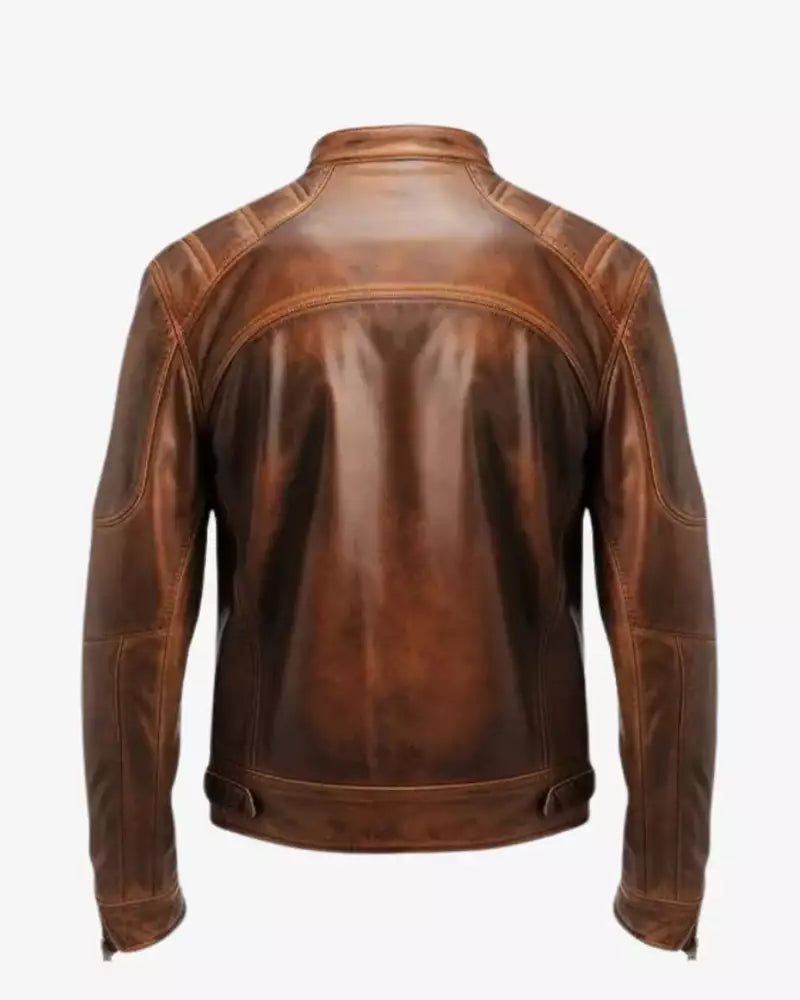 Brown Distressed Cafe Racer Leather Jacket for Men's