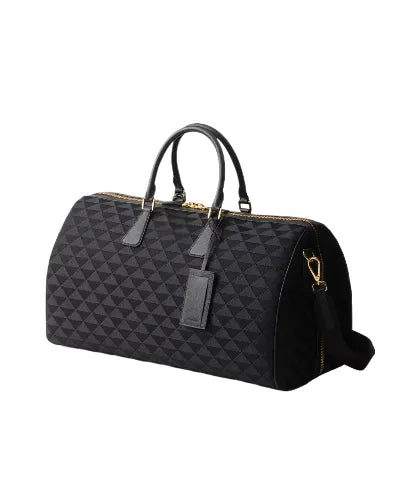 Embroidered Fabric Black Leather Duffel Bag