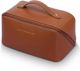 Large Capacity Long Leather Brown Cosmetic Bag