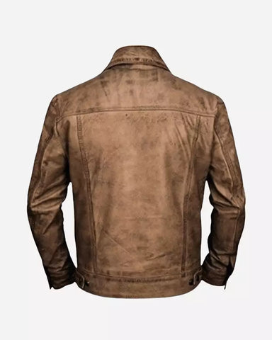 Men’s Distressed Leather Camel Brown Trucker Jacket Men’s Distressed Leather Camel Brown Trucker Jacket