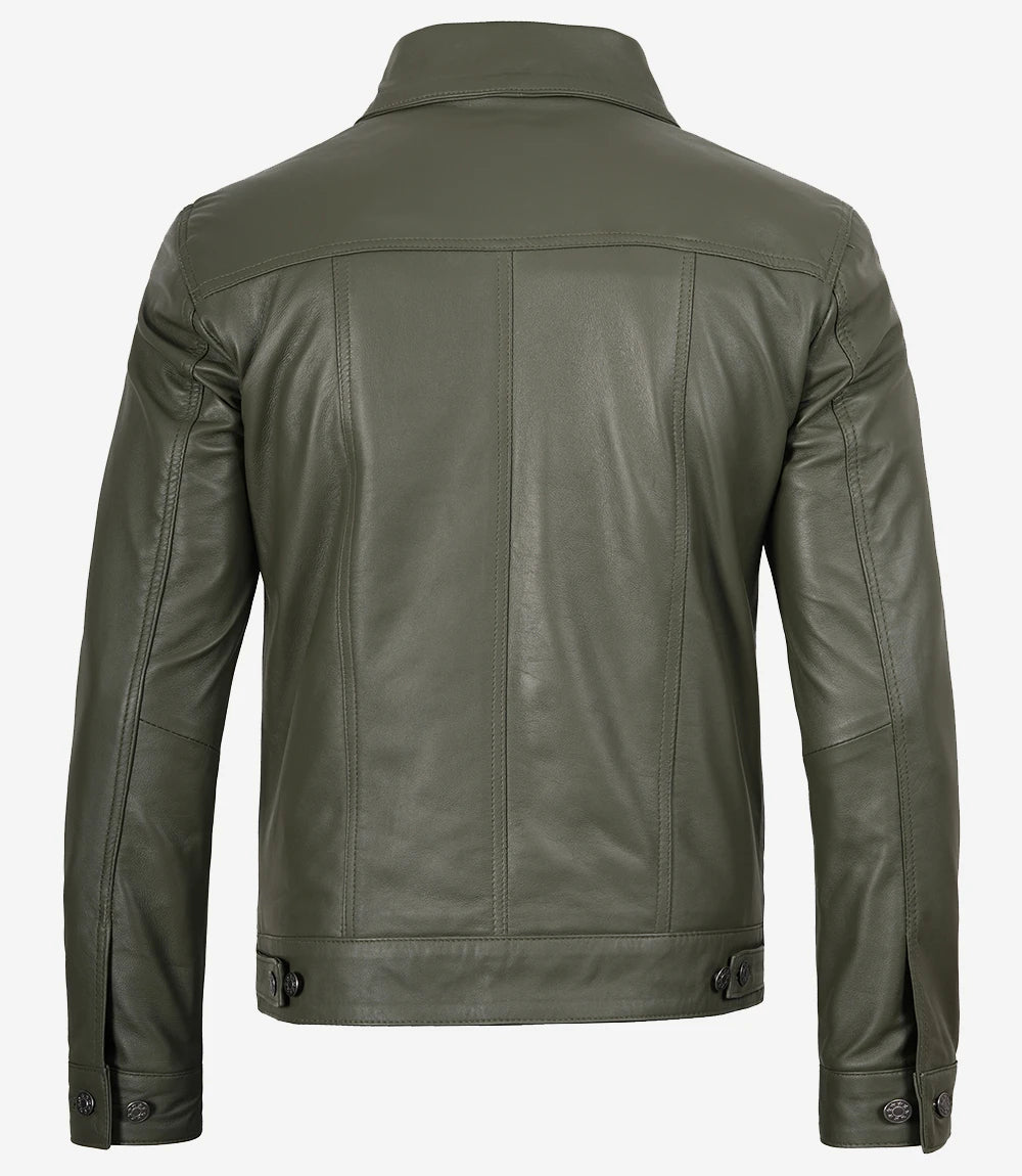 Mens-Four-Pockets-Olive-Green-Trucker-Leather-Jacket