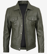 Mens-Four-Pockets-Olive-Green-Trucker-Leather-Jacket