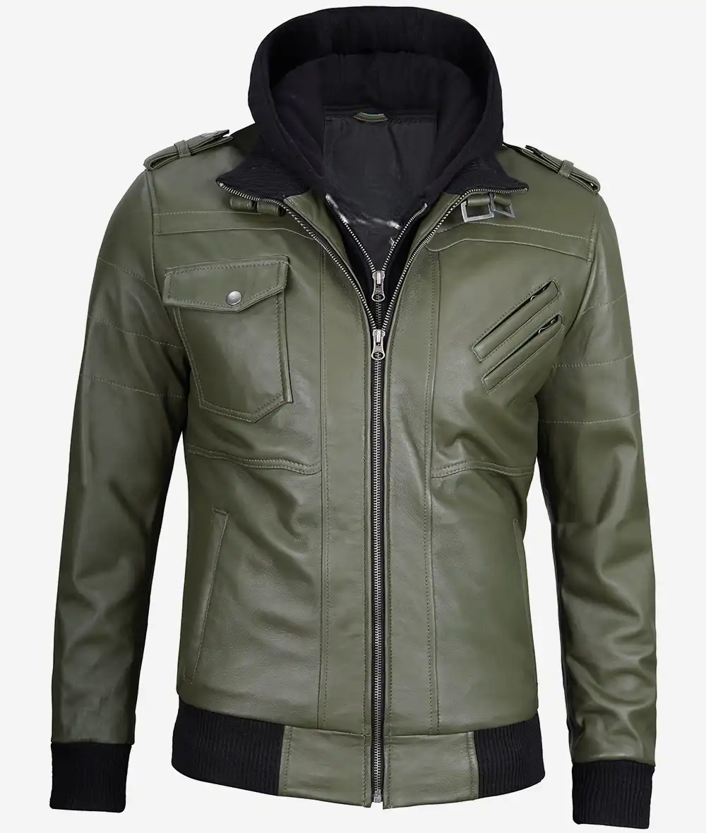 Mens-Green-Bomber-Leather-Jacket-With-Removable-Hood
