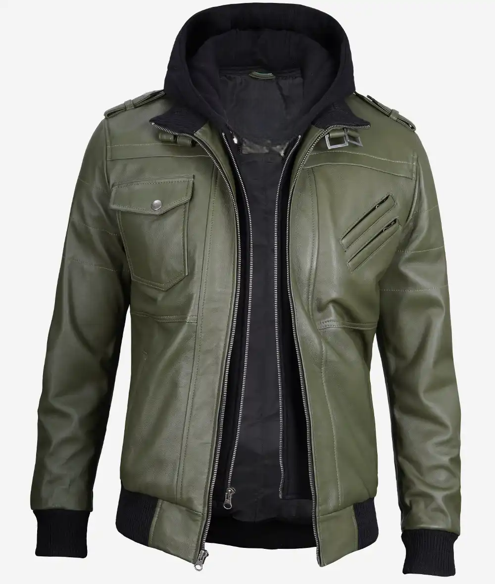 Mens-Olive-bomber-Leather-Jacket-With-Removable-Hood