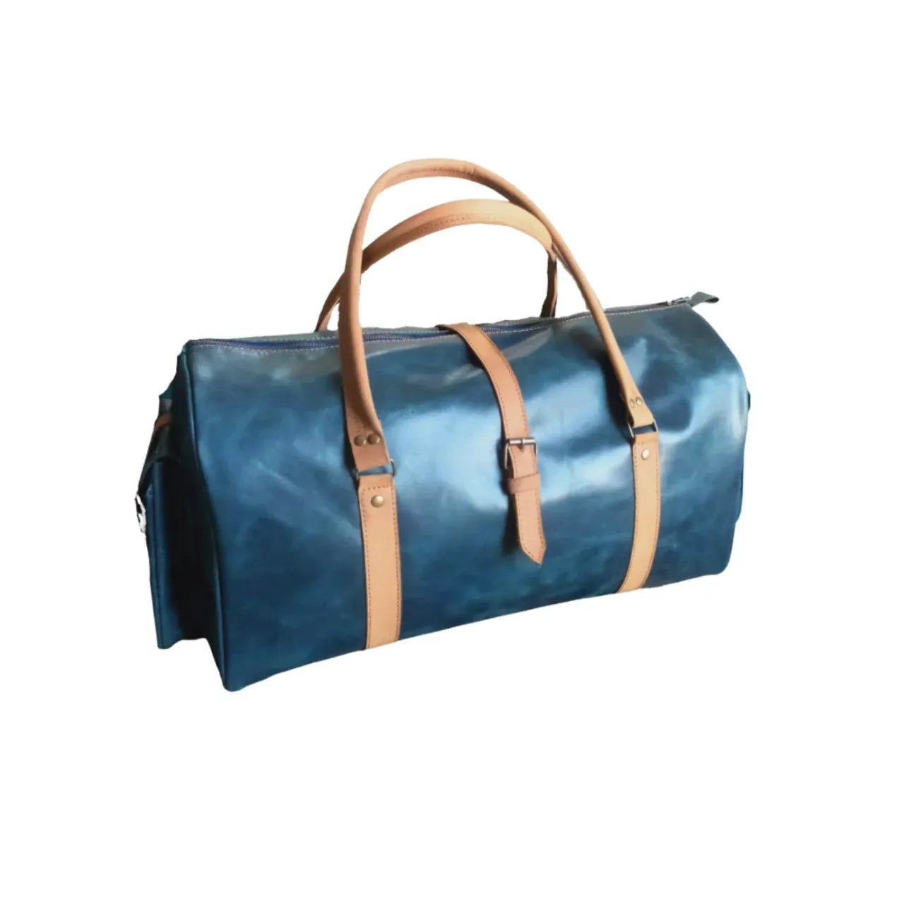 Unisex Premium Navy Blue Leather Duffel Travel Bag