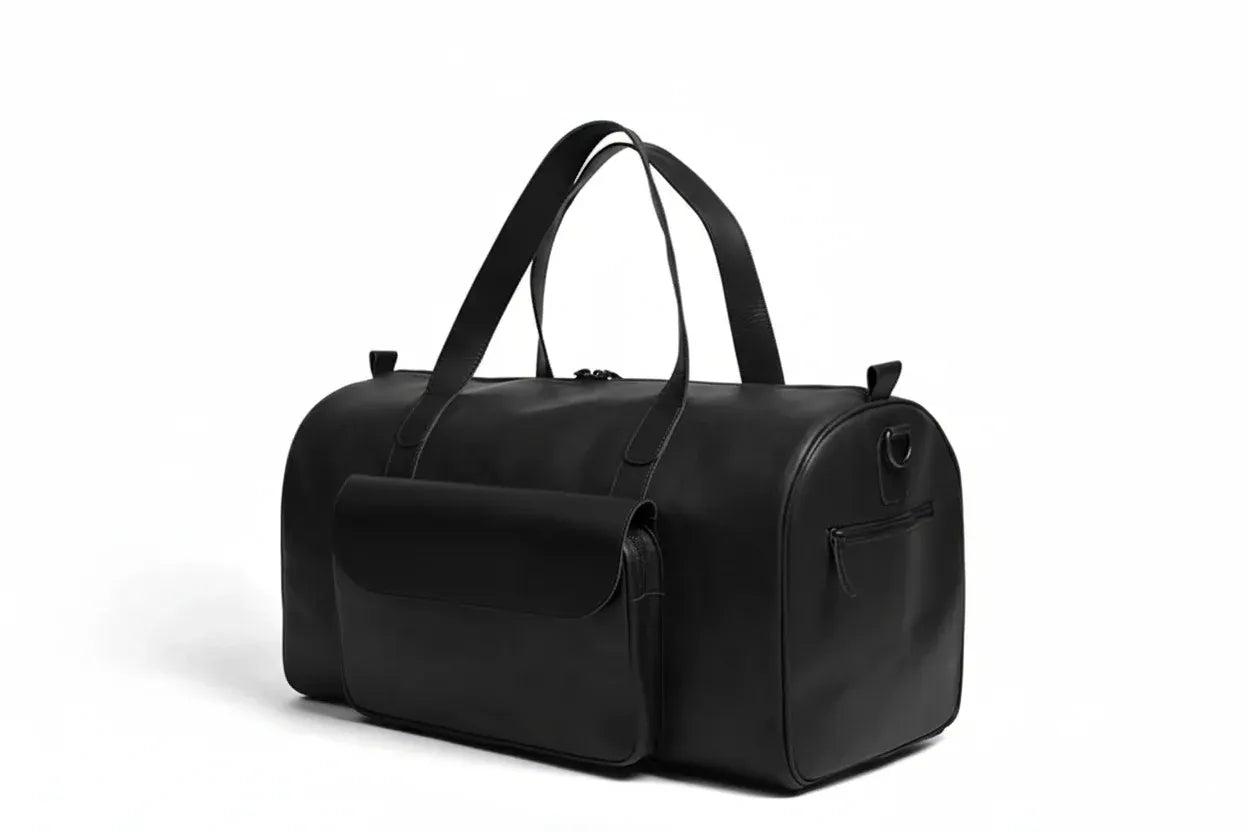 Unisex Real Leather Black Duffel Travel Bag