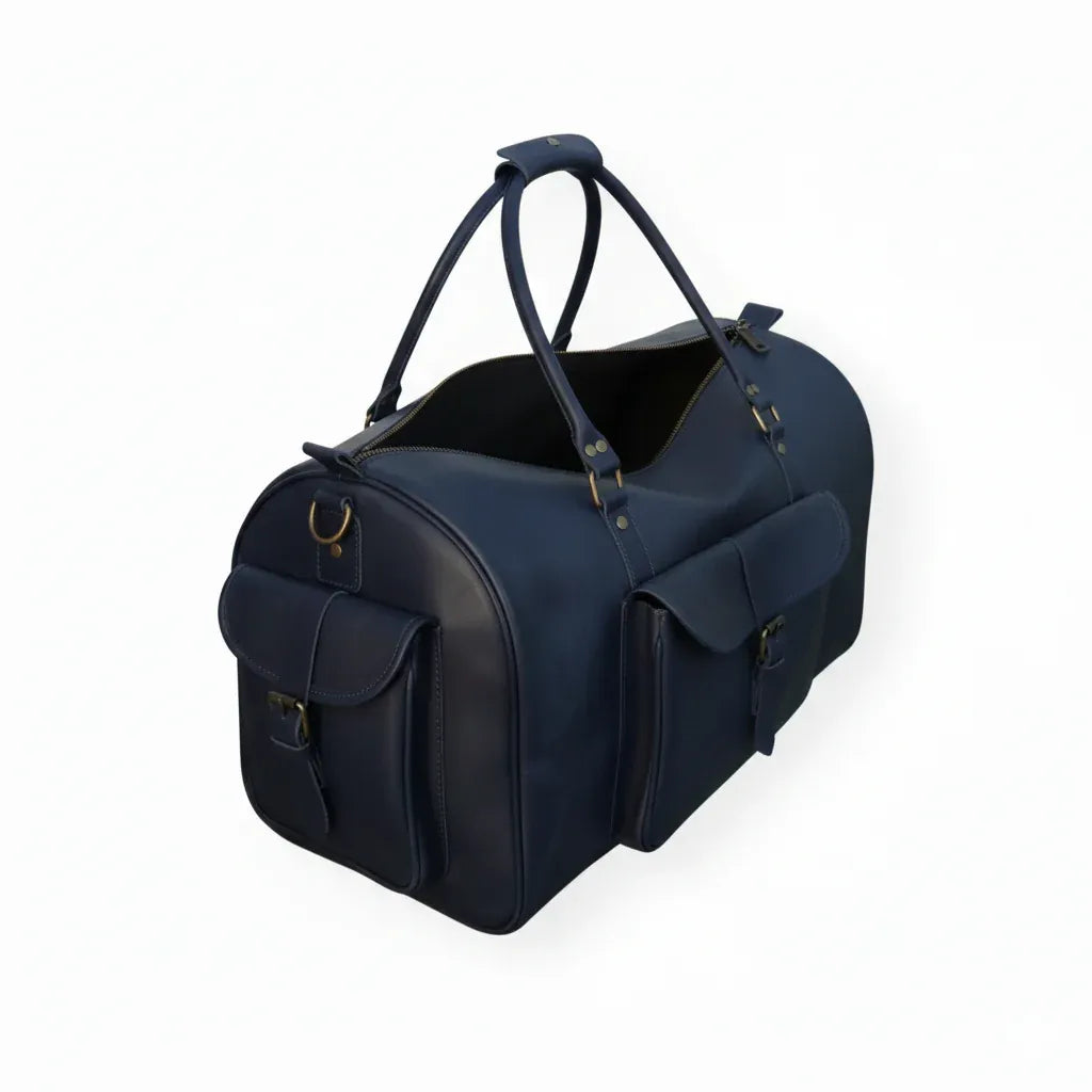 Unisex Real Leather Blue Duffel Travel Bag