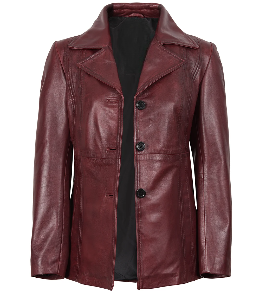 Womens-Three-Button-Burgundy-Leather-Blazer