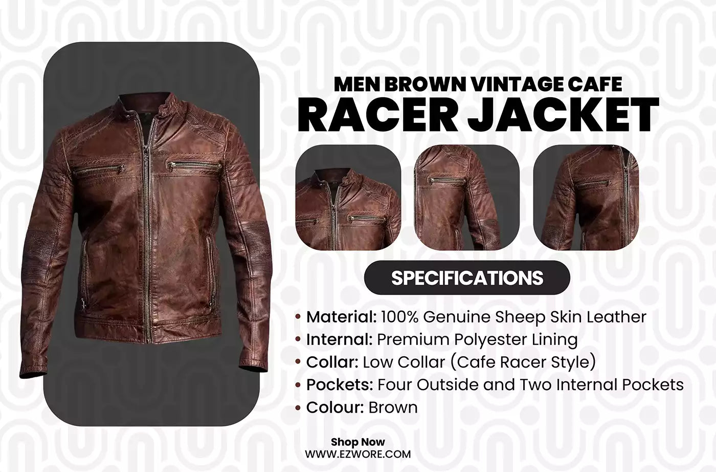 Men Brown Vintage Cafe Racer Jacket infography