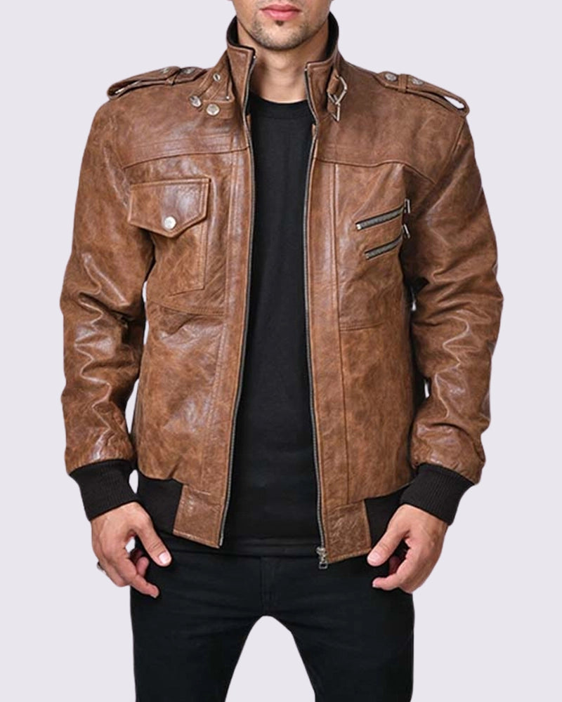 Mens Brown Leather Bomber Jacket