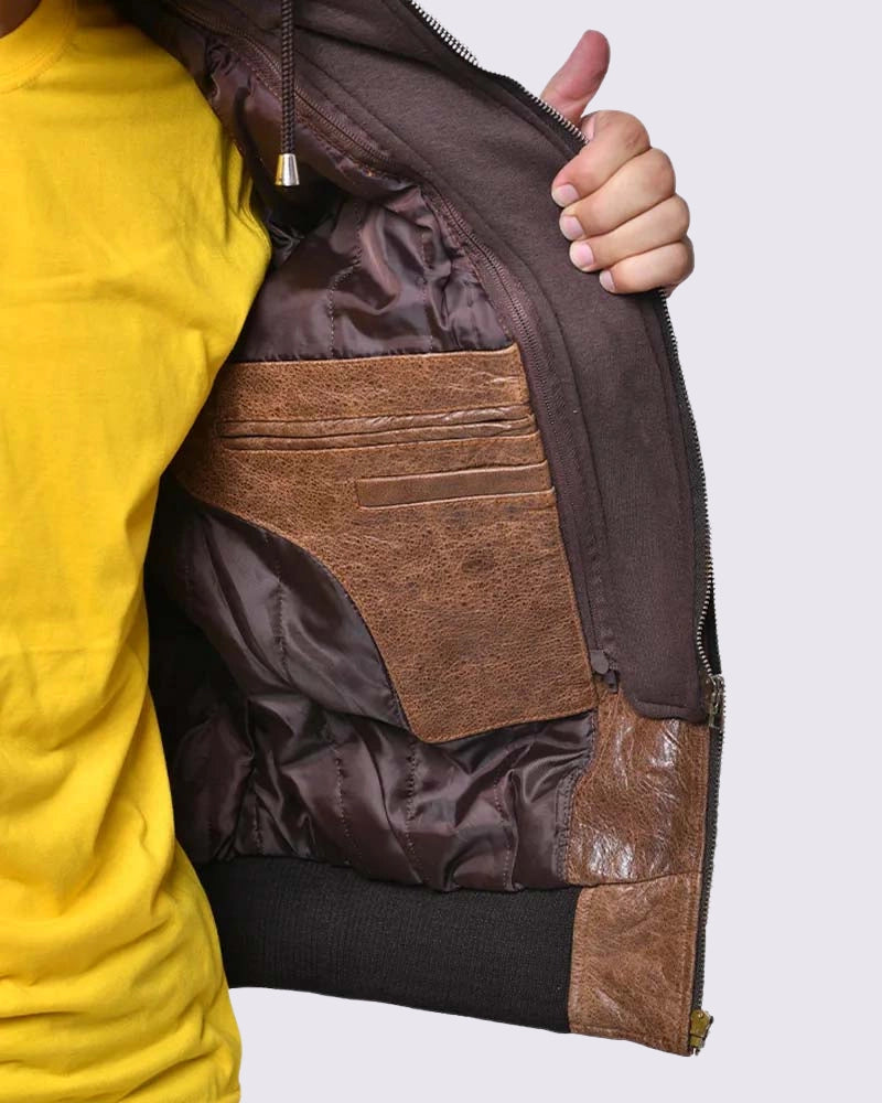 Brown Leather Bomber Jacket With Removable Hood