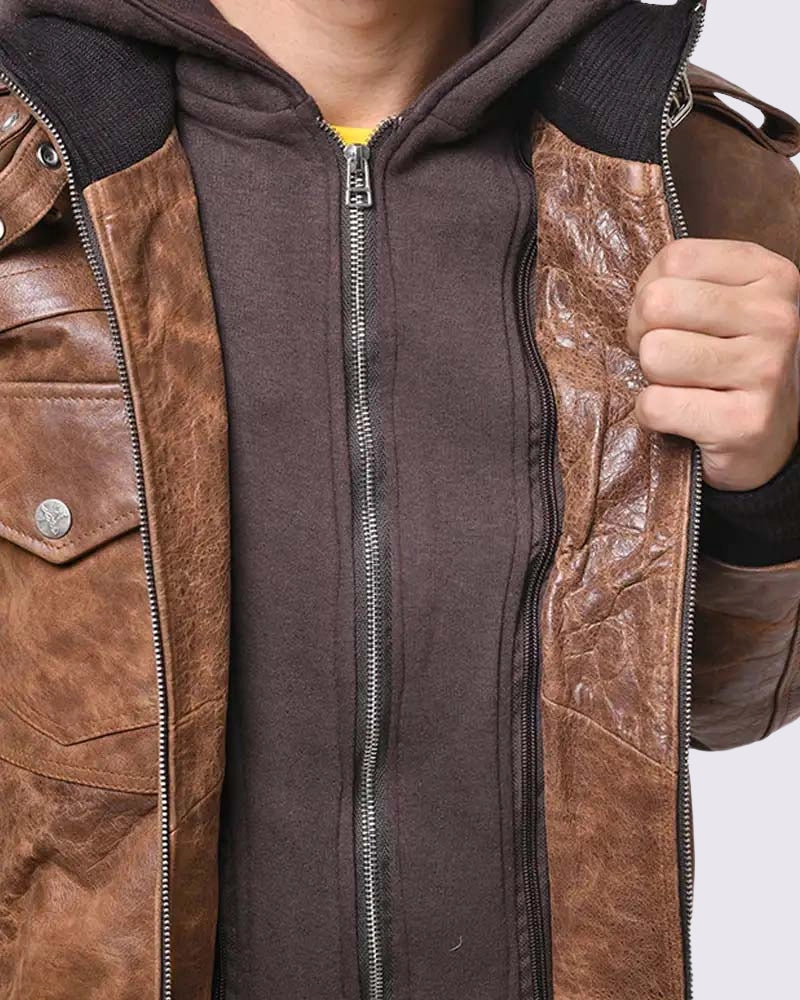 Brown Leather Bomber Jacket With Removable Hood