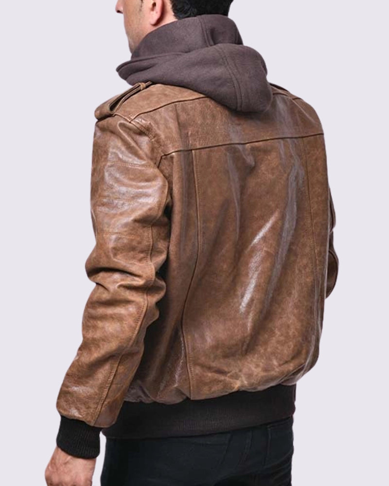 Brown Leather Bomber Jacket With Removable Hood