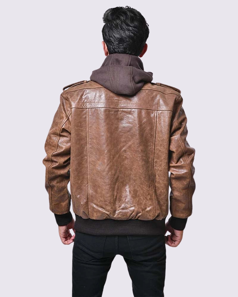 Brown Leather Bomber Jacket With Removable Hood