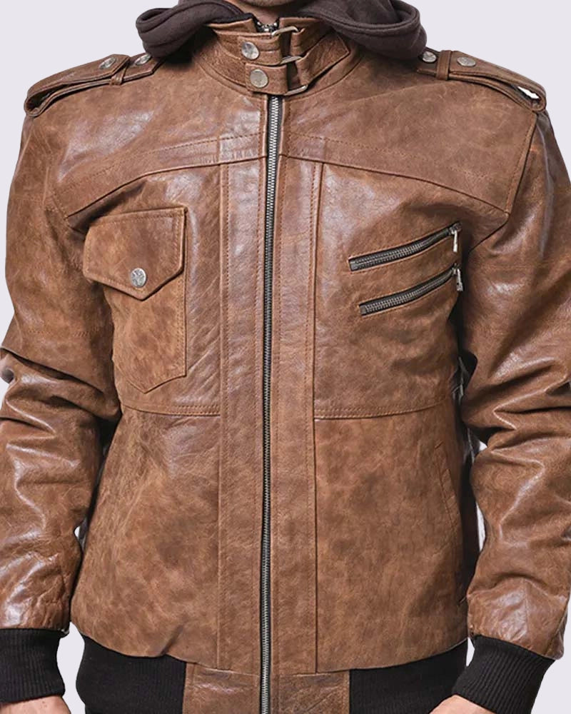 Brown Leather Bomber Jacket With Removable Hood