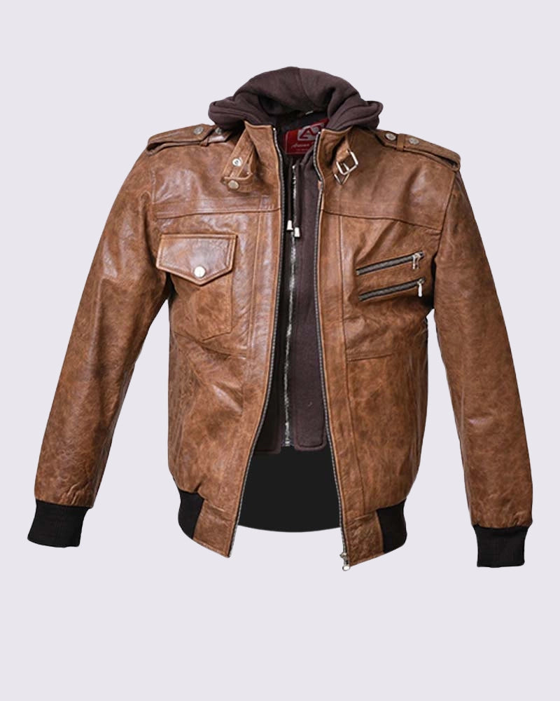 Brown Leather Bomber Jacket With Removable Hood