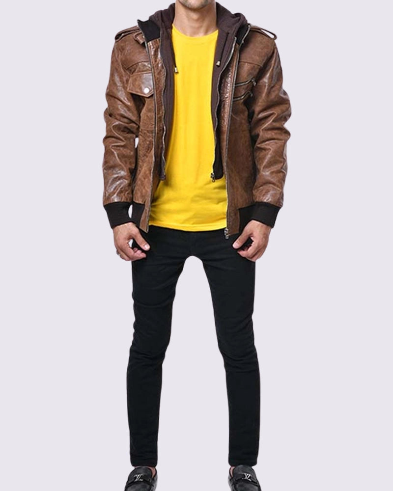 Brown Leather Bomber Jacket With Removable Hood