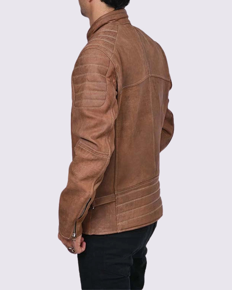 Men Cafe Racer Camel Brown Leather Jacket