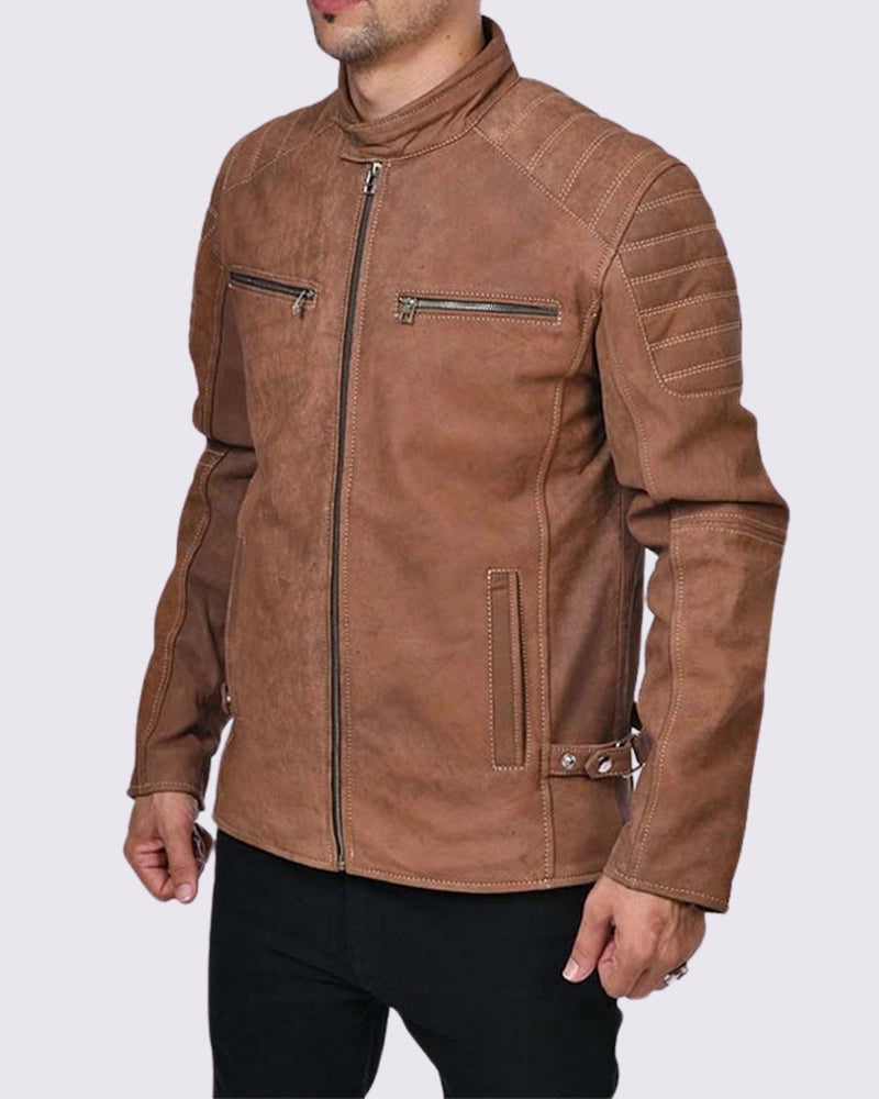 Men Cafe Racer Camel Brown Leather Jacket