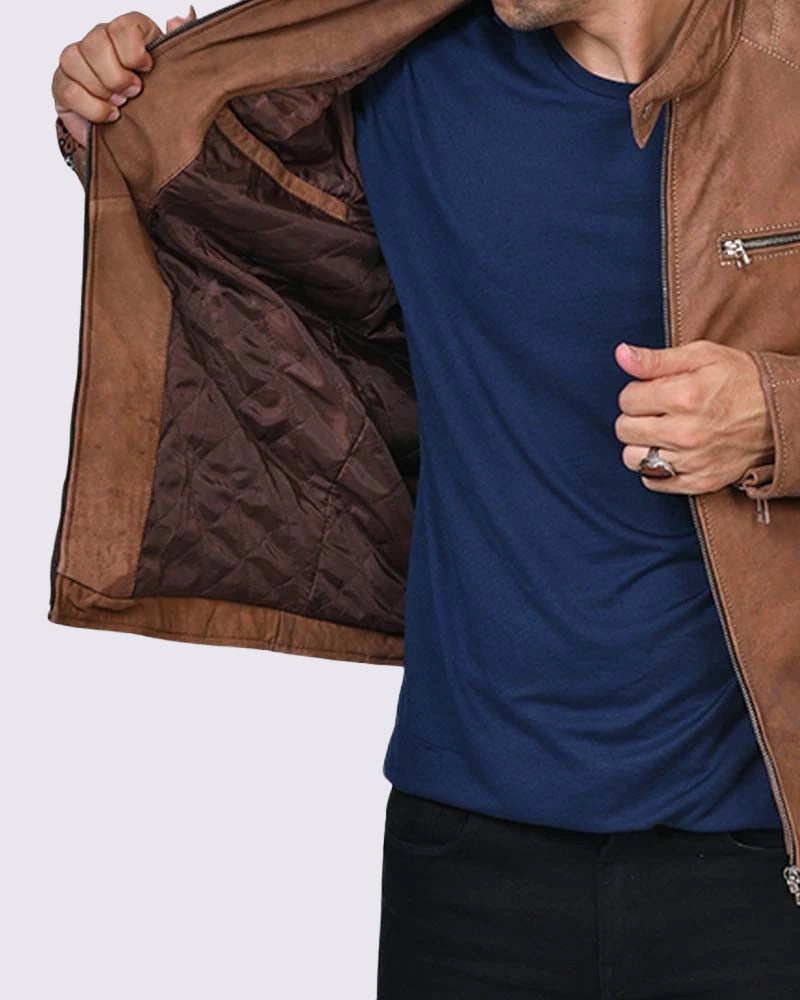 Men Cafe Racer Camel Brown Leather Jacket