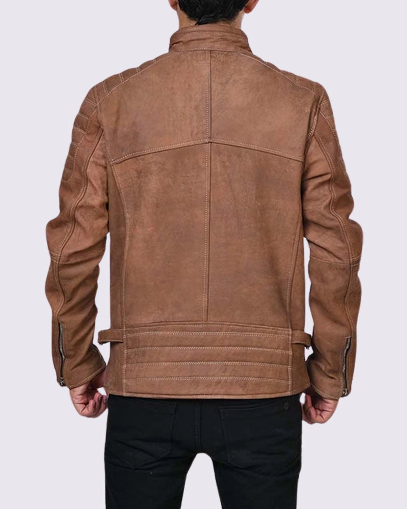 Men Cafe Racer Camel Brown Leather Jacket