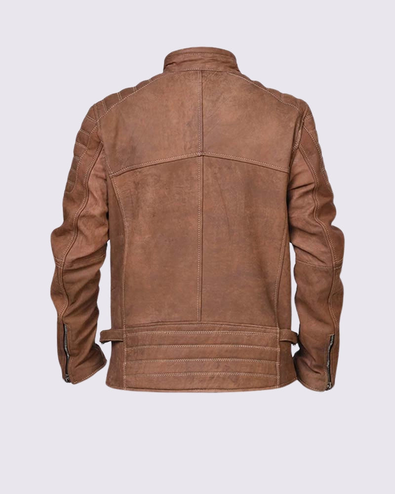 Men Cafe Racer Camel Brown Leather Jacket