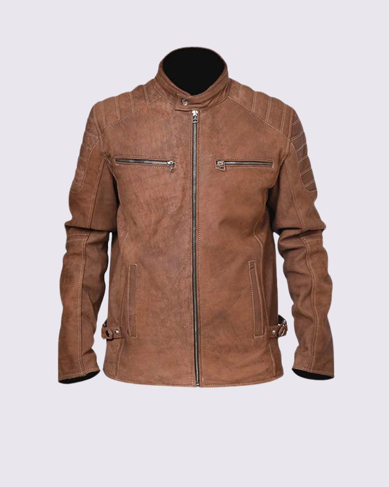 Men Cafe Racer Camel Brown Leather Jacket