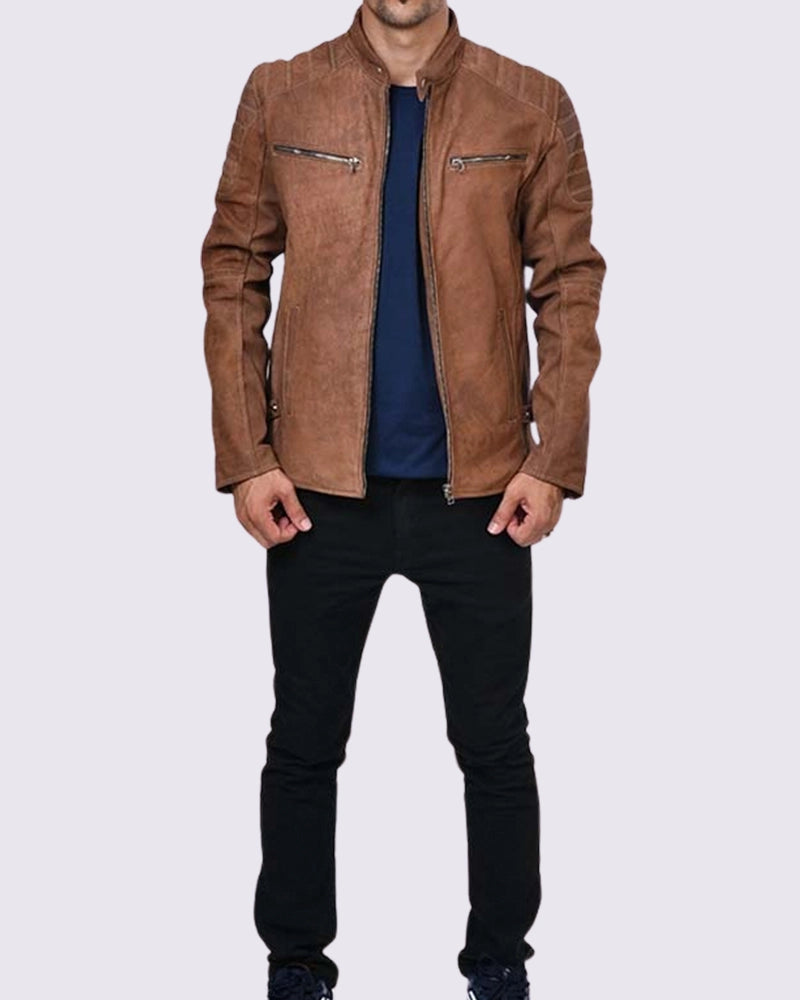 Men Cafe Racer Camel Brown Leather Jacket