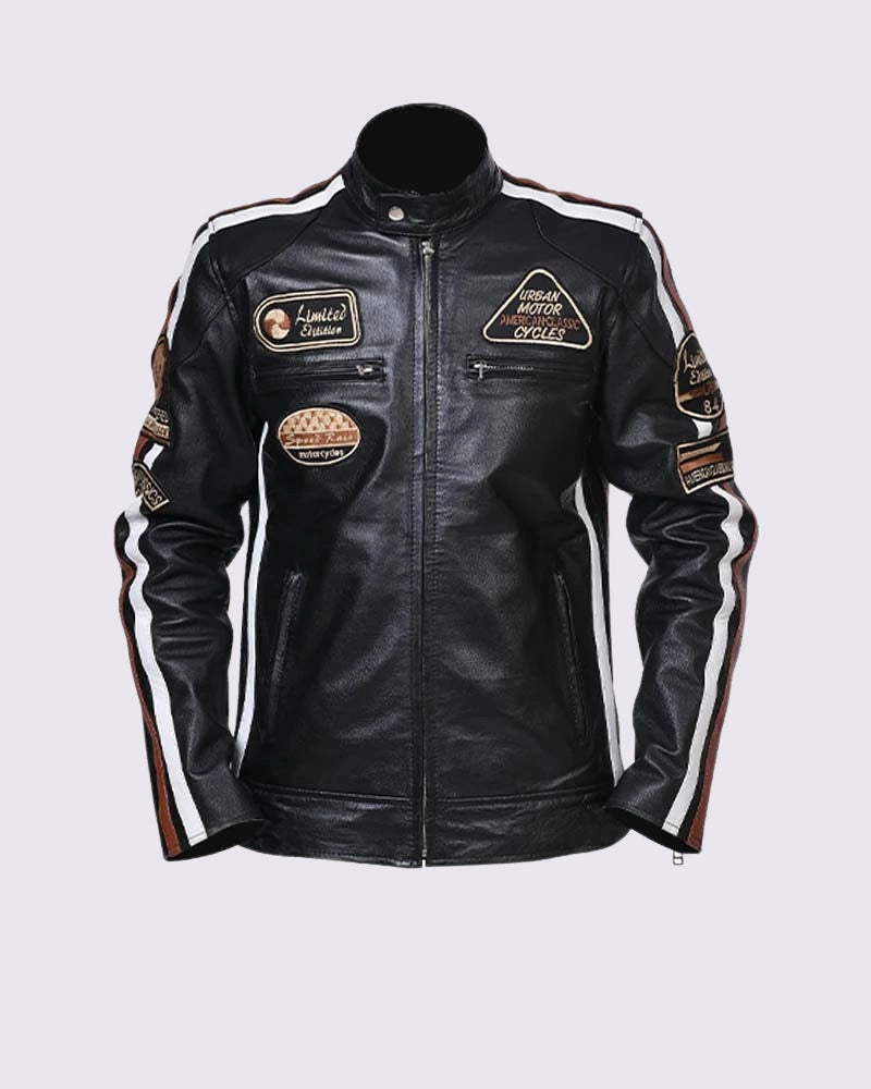 Mens Motorcycle Retro Stripes Biker Jacket