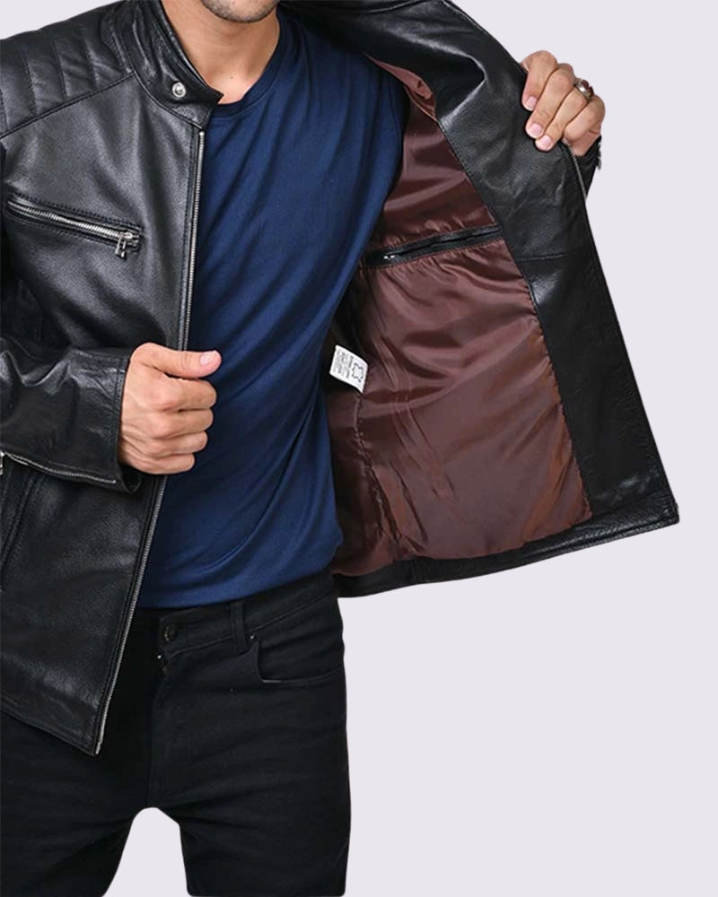 Mens Black Cafe Racer Leather Jacket