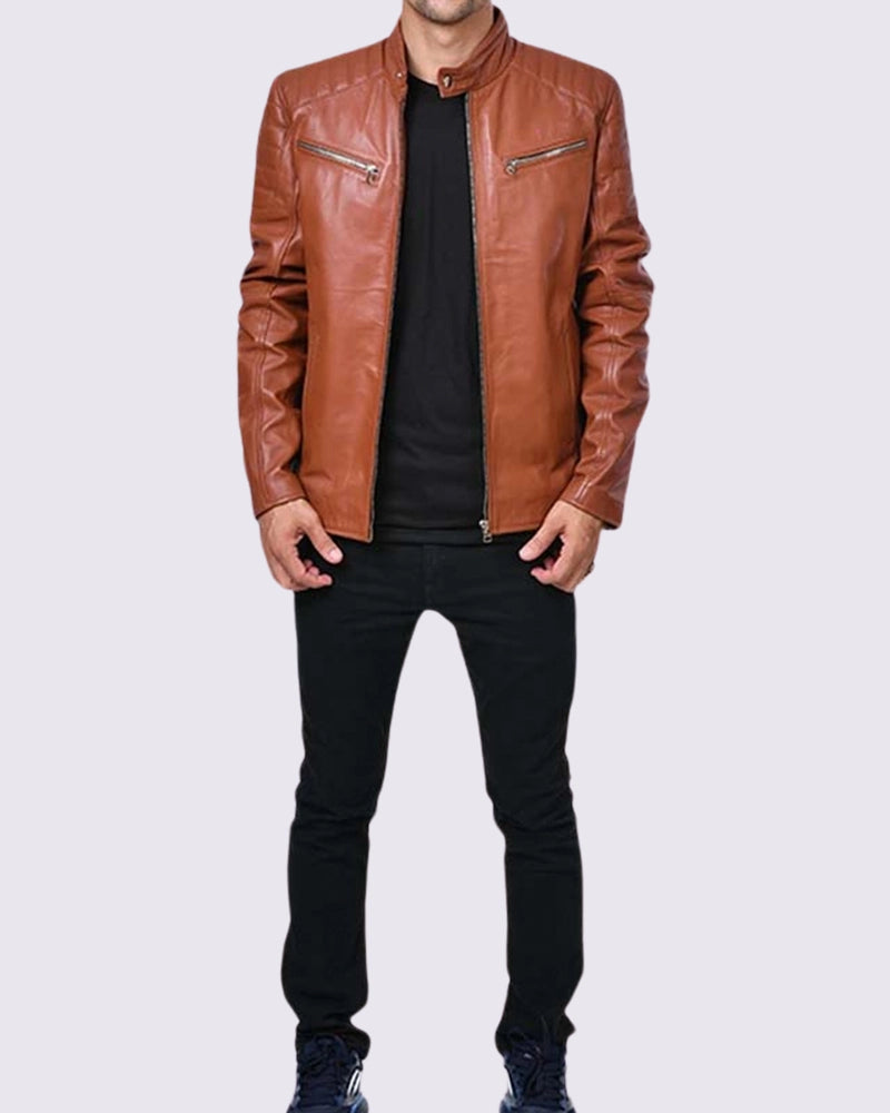 Mens Tan Brown Biker Leather Jacket