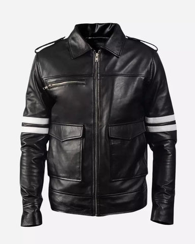 Mens Black and White Stripe Leather Jacket