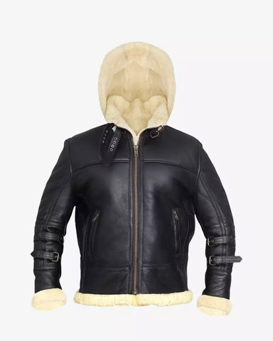 B3 Black Bomber Shearling Leather Jacket