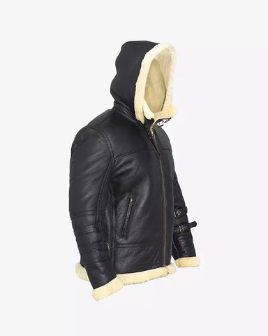 B3 Black Bomber Shearling Leather Jacket