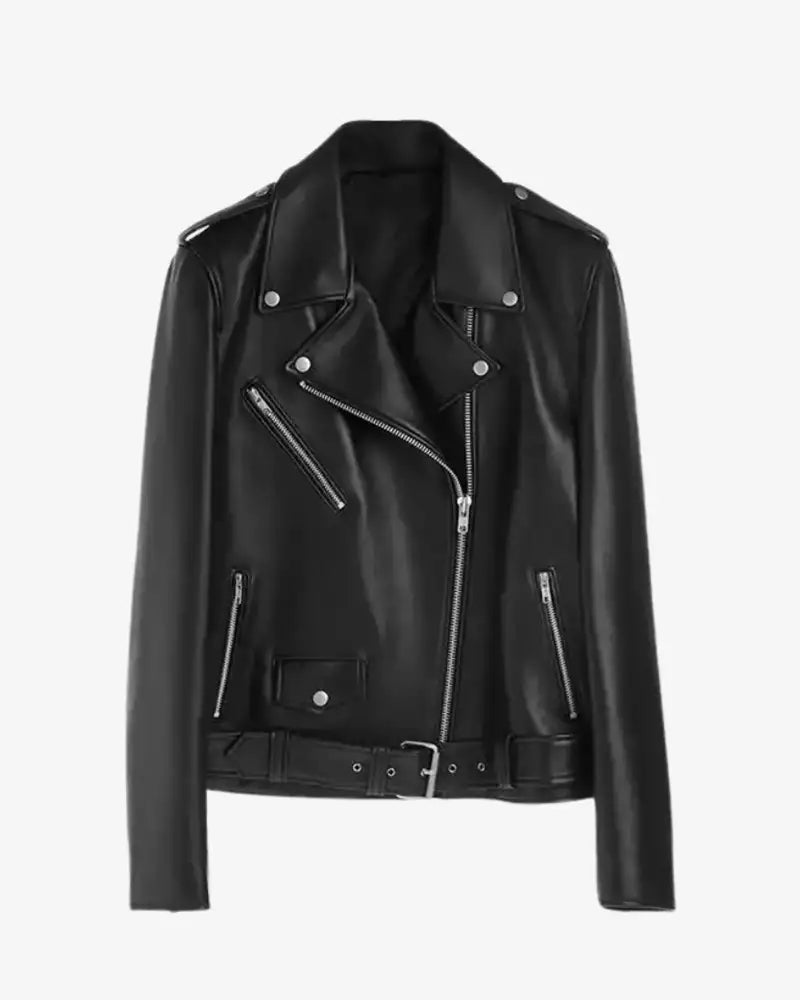 Black Belted Biker Leather Jacket for Women's