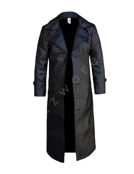 Black Leather Duster Trench Coat For Men