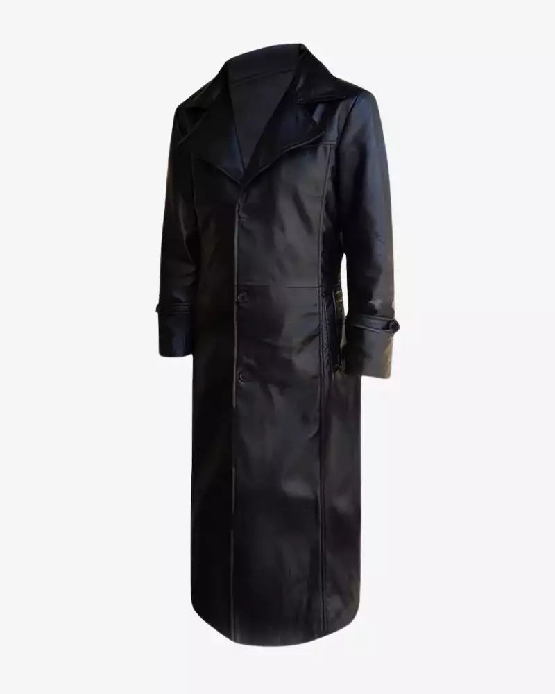 Black Leather Duster Trench Coat For Men