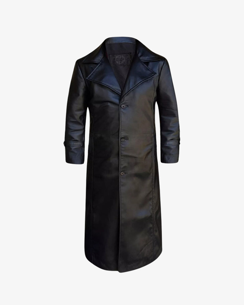 Black Leather Duster Trench Coat For Men