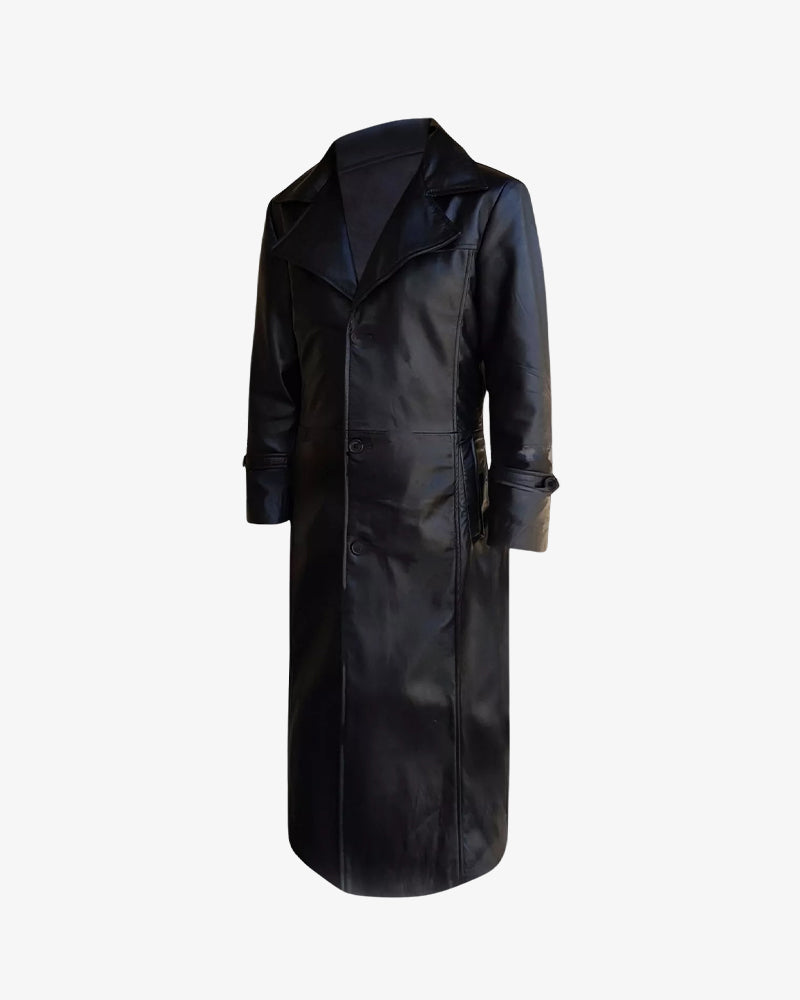 Black Leather Duster Trench Coat For Men