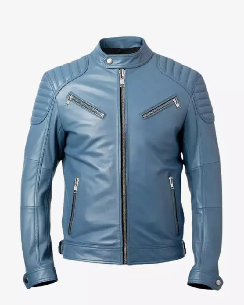 Blue Cafe Racer Leather Jacket for Men's