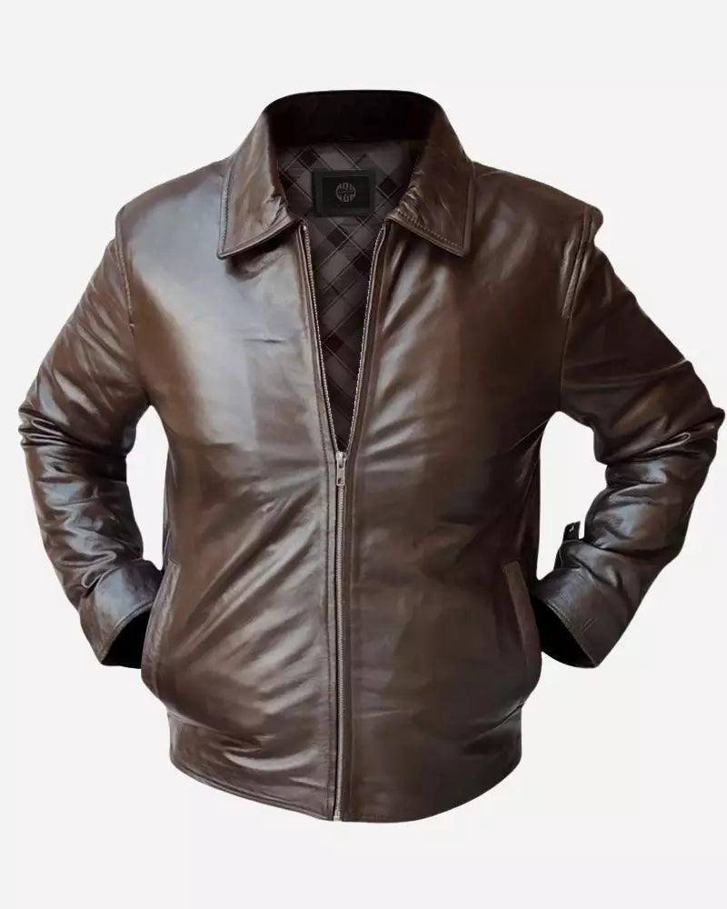 Men Simple Brown Leather Jacket