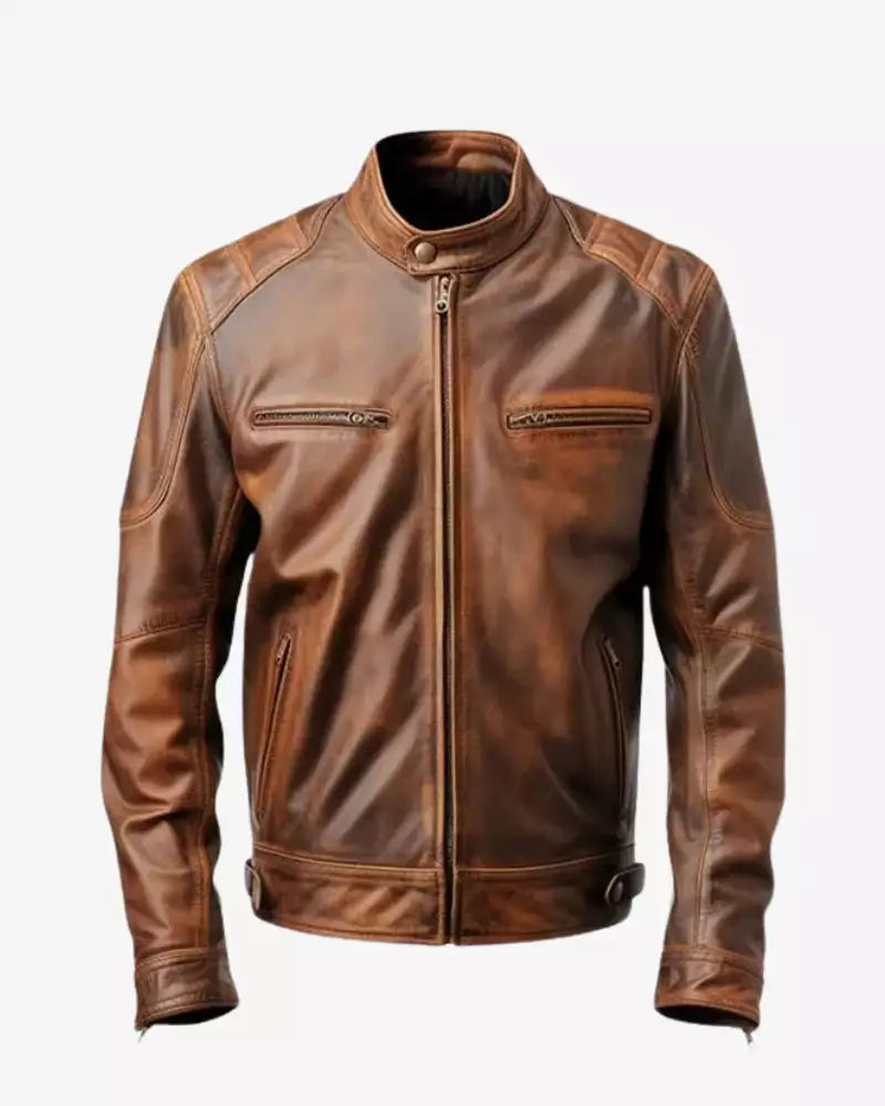 Brown Distressed Cafe Racer Leather Jacket for Men's