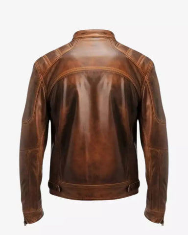 Brown Distressed Cafe Racer Leather Jacket for Men's