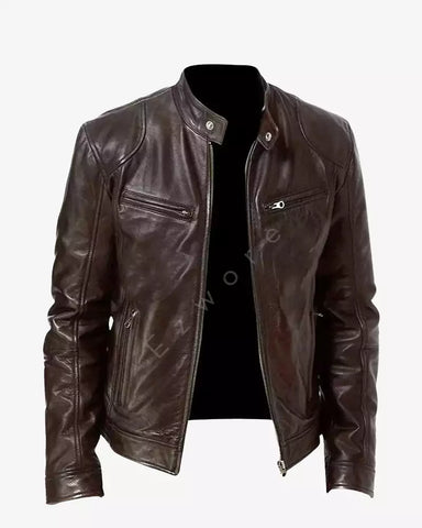 Brown Leather Biker Jacket For Men