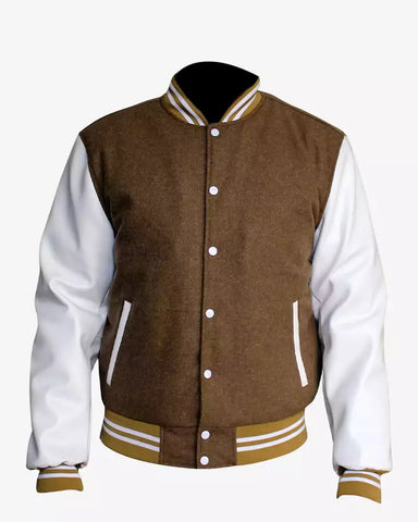 Men Camel Khaki Wool White Varsity Jacket