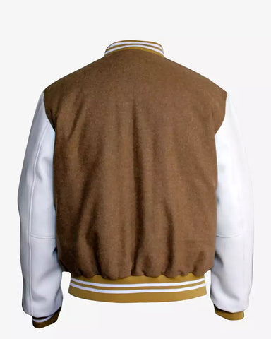 Men Camel Khaki Wool White Varsity Jacket