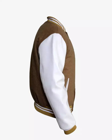 Men Camel Khaki Wool White Varsity Jacket