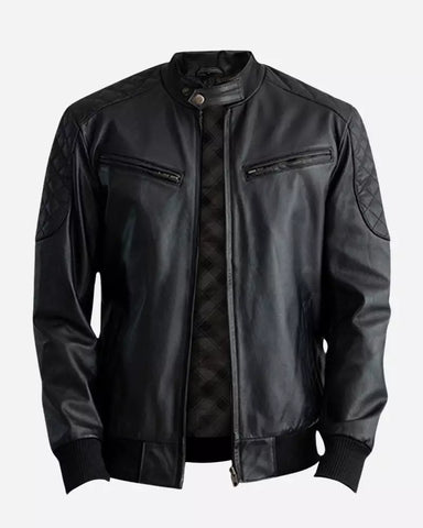 Casual Black Leather Bomber Jacket