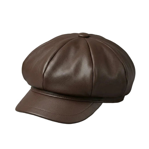 Classic Brown PU Leather Newsboy Cap For Women