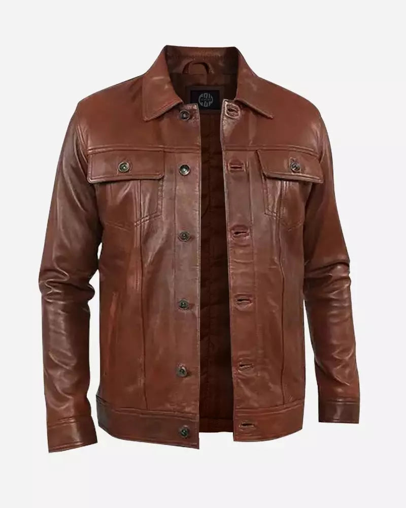 Men Simple Shirt Collar Brown Leather Jacket